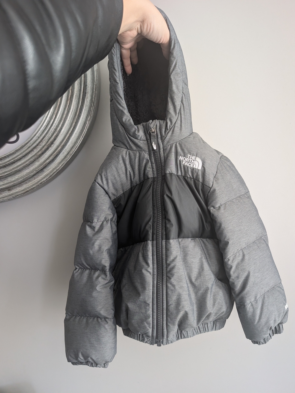 The North Face Kids Gray Hooded Puffer with Black Chest Panel